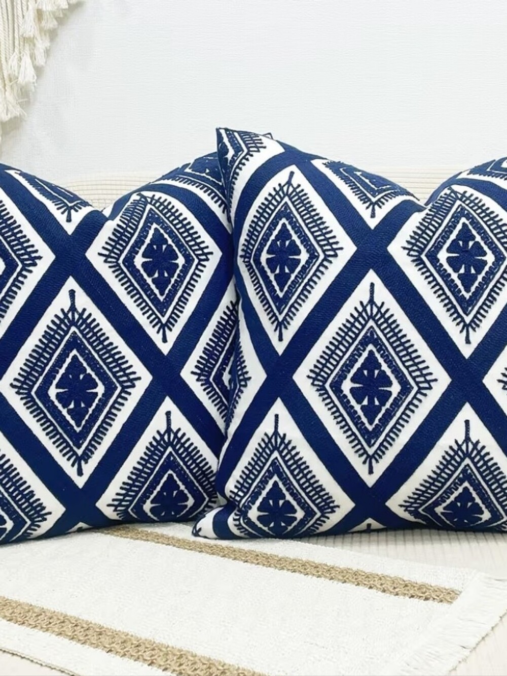 Slow Cow Organic Cotton Pillow Covers Set of 2 Blue White Coastal Boho 17x17